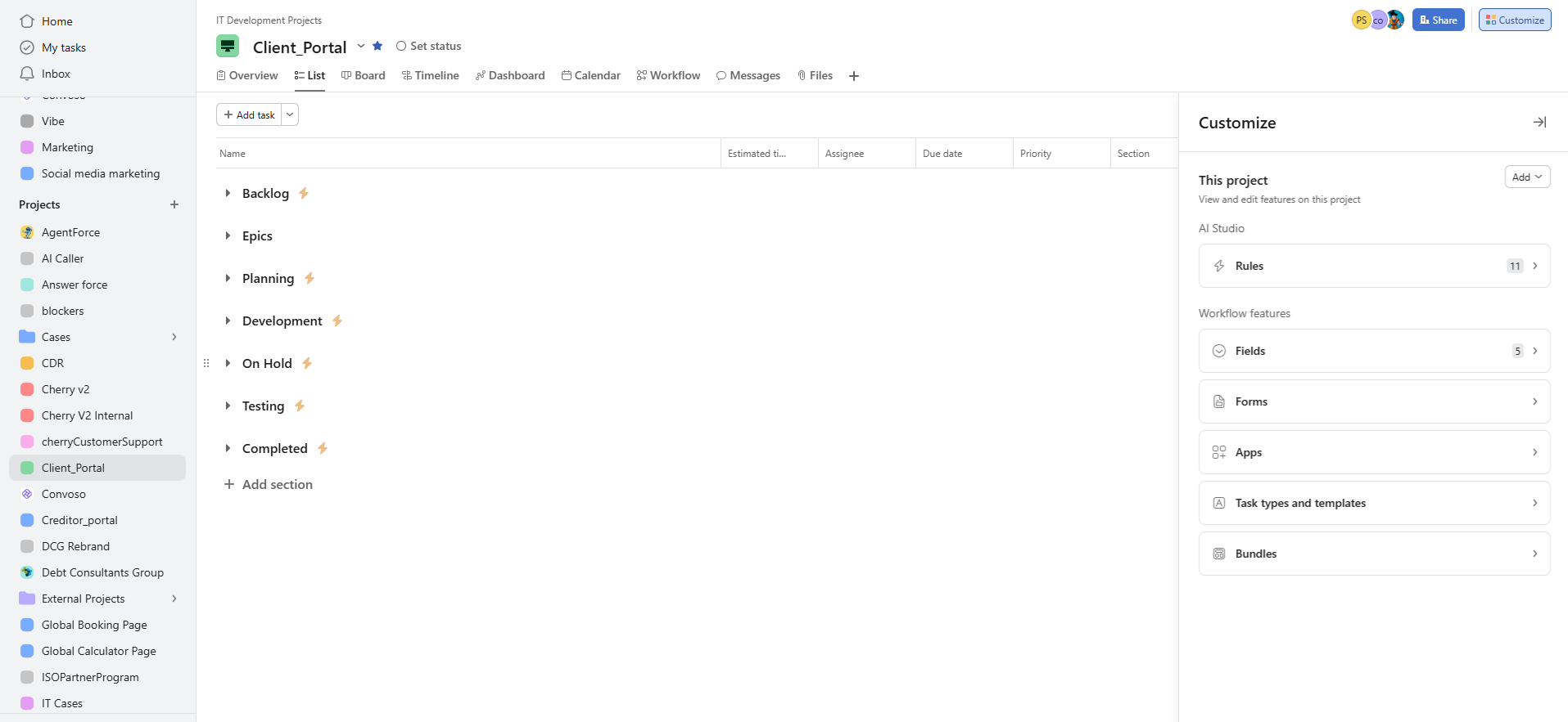 Asana board: sprint tracking with backlog, planning, dev, test, and completed stages