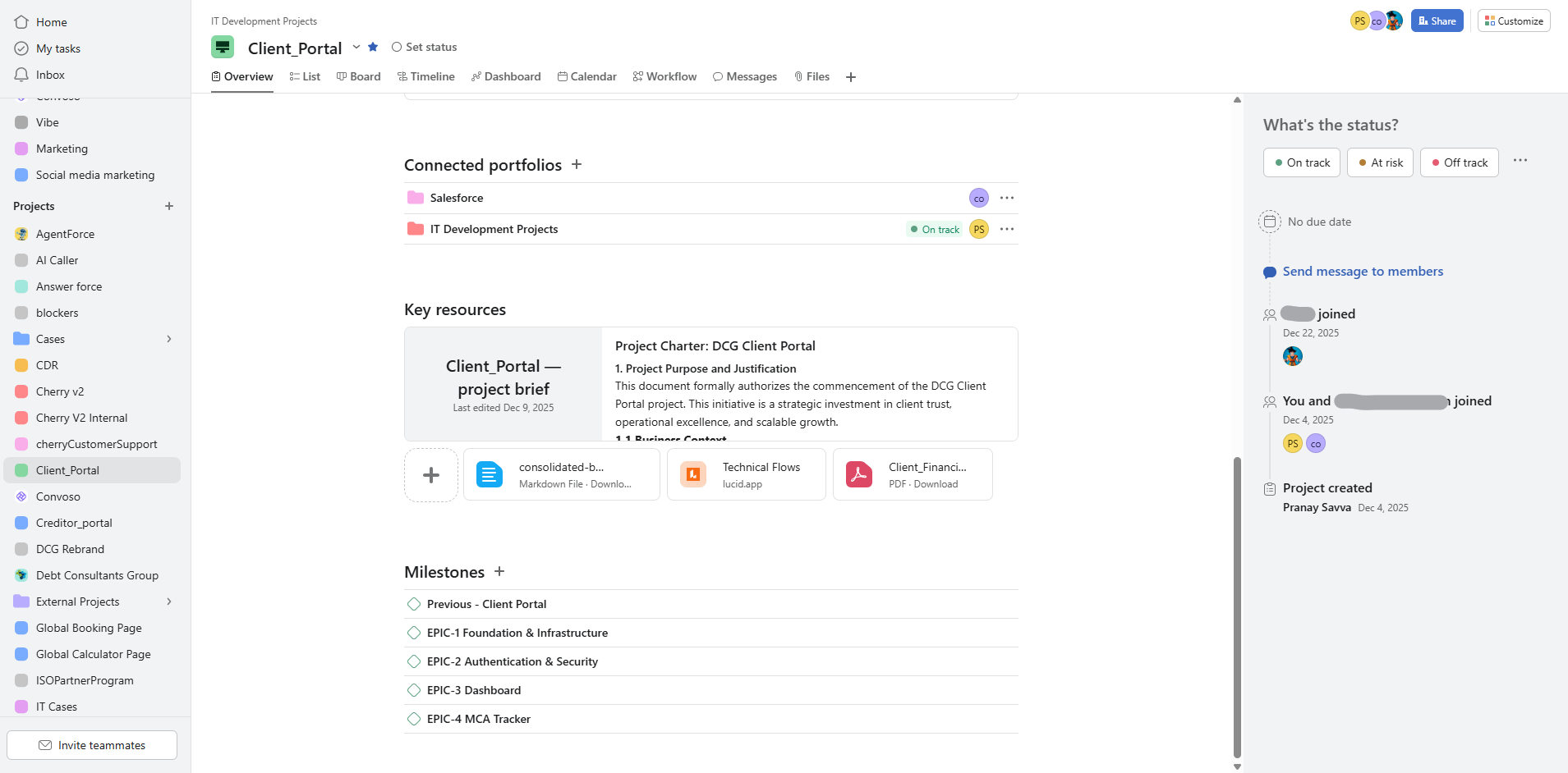 Project overview: connected portfolios, charter, and milestone tracking