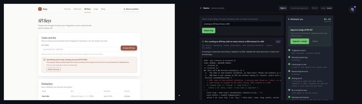 The two halves of Yantra. On the left the Relay demo product; on the right the review console, where the agent has finished the fix and stopped at a human to approve the merge of PR #1.