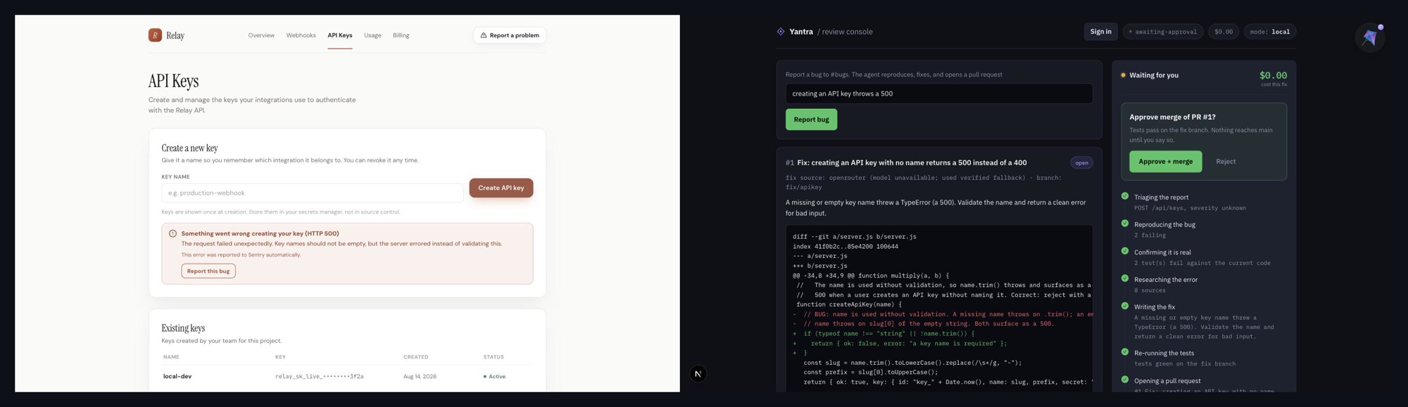 The two halves of Yantra. On the left the Relay demo product; on the right the review console, where the agent has finished the fix and stopped at a human to approve the merge of PR #1.