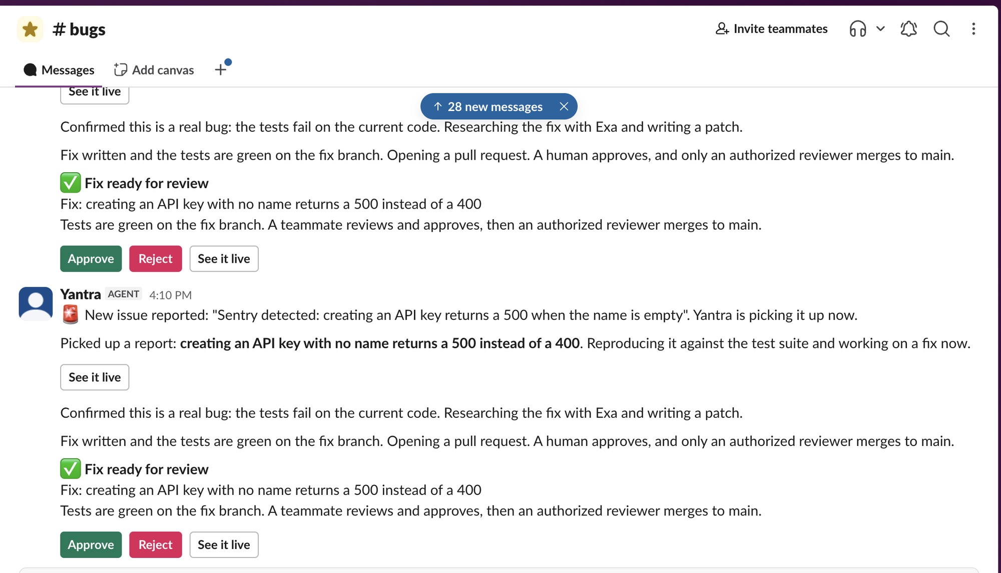 Yantra narrating its work in Slack. A Sentry crash is picked up automatically, then reproduced, fixed, and posted for review with Approve and Reject buttons.